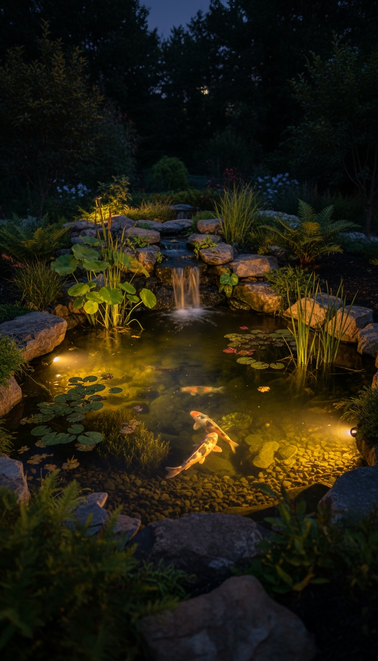 garden pond landscaping ideas - Underwater Lights Create Moody Pond Vibe - These underwater lights create a moody vibe in...