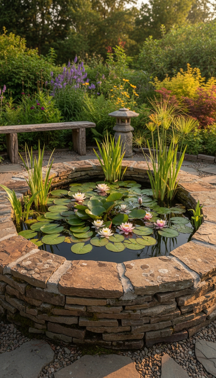 garden pond landscaping ideas - Stacked Stone Walls: Pond Design - These stacked stone walls of the raised pond...