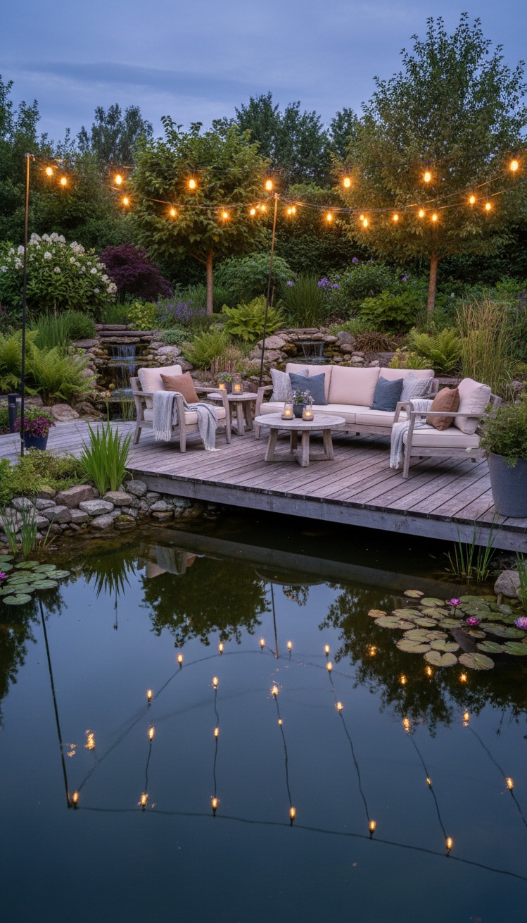 garden pond landscaping ideas - Wooden Deck Extends Over Pond - The wooden deck steals the show, extending right...