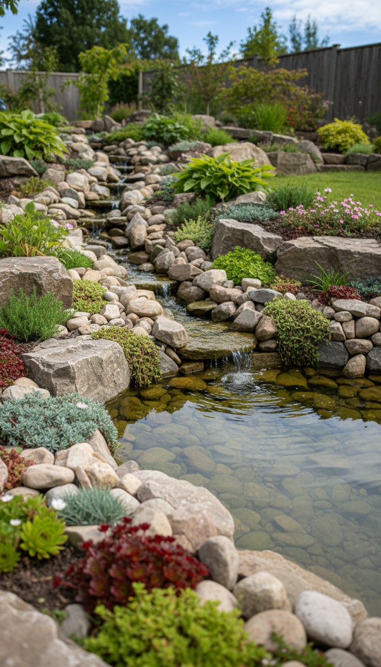 garden pond landscaping ideas - Water Trickles: A Tranquil Pond Scene - These garden pond landscaping ideas showcase a tranquil...
