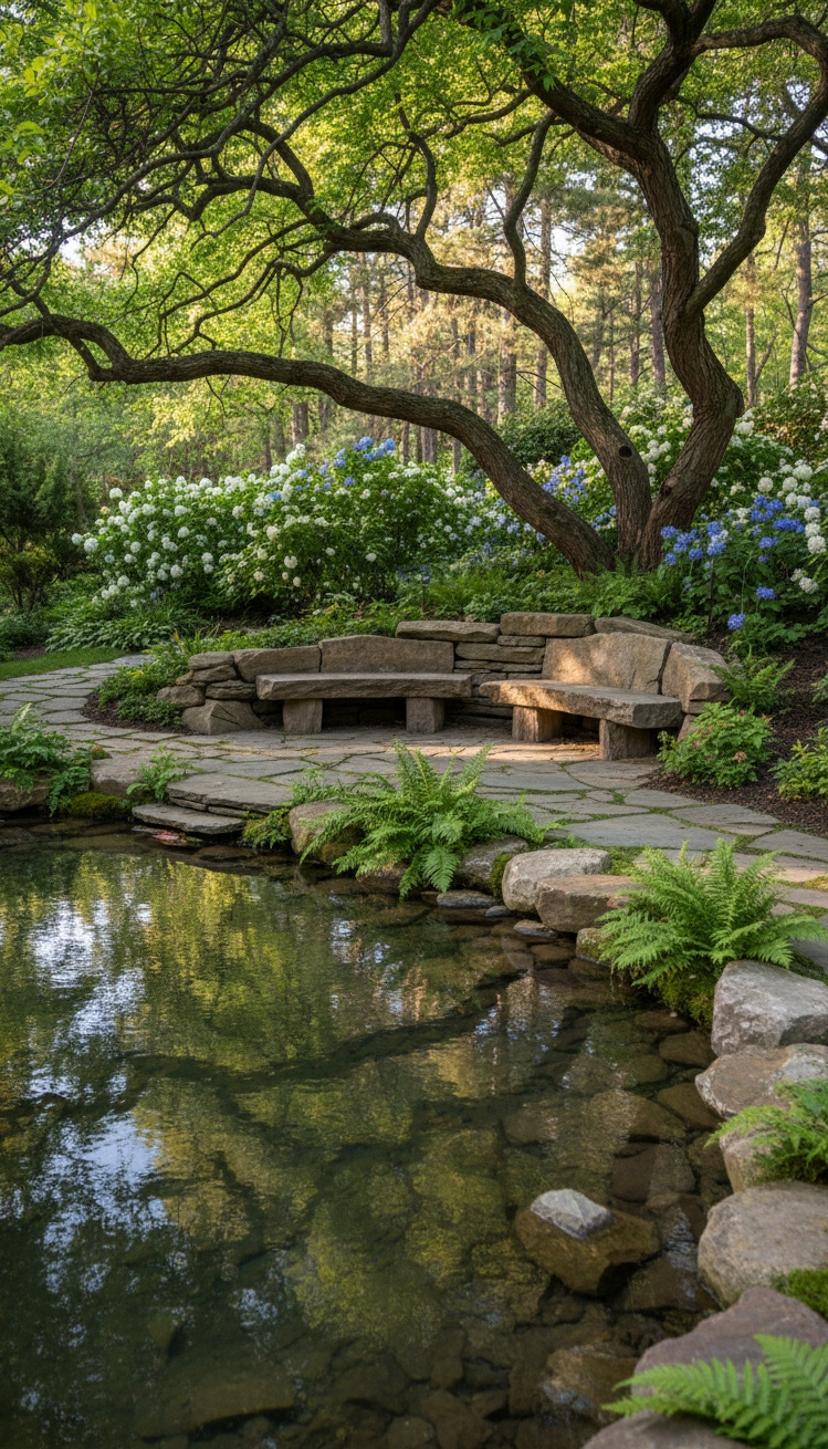 garden pond landscaping ideas - Stone Benches: An Inviting Pond Look - These stone benches look so inviting, don't they....