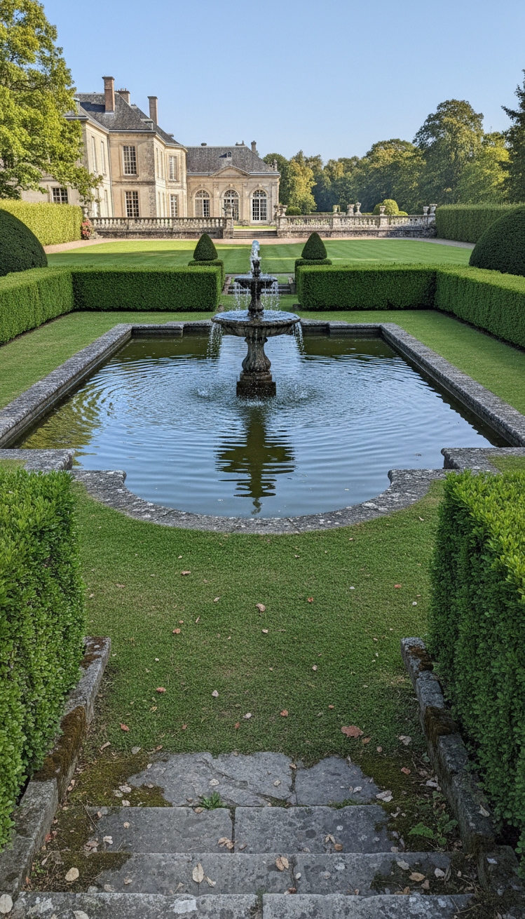 garden pond landscaping ideas - Boxwood Hedges Framing Pond Design - These boxwood hedges stand crisp and green, framing...