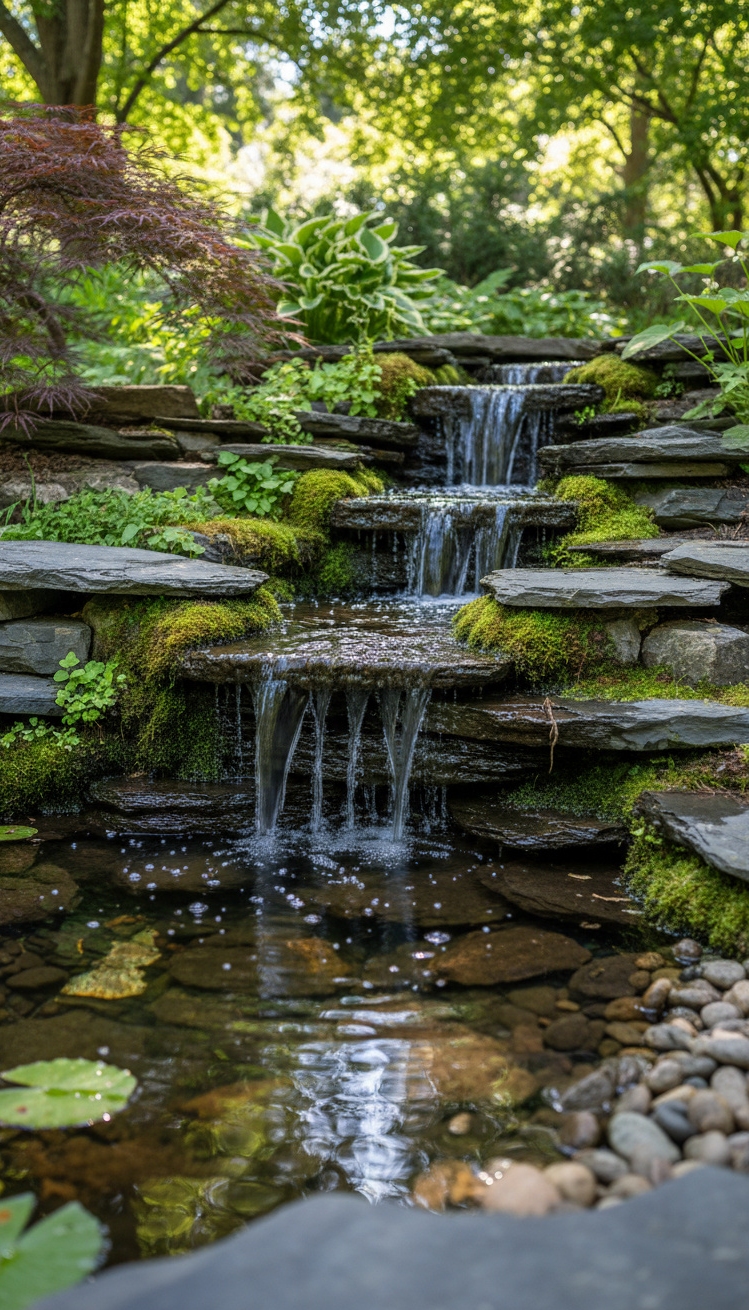 garden pond landscaping ideas - Stacked Slate Stones: Pond Waterfall - These stacked slate stones form a small waterfall,...