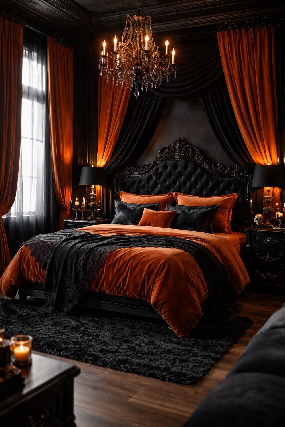 orange layout for bedroom - Velvet Curtains Command Gothic Bedroom Attention - These velvet curtains command attention in this gothic...