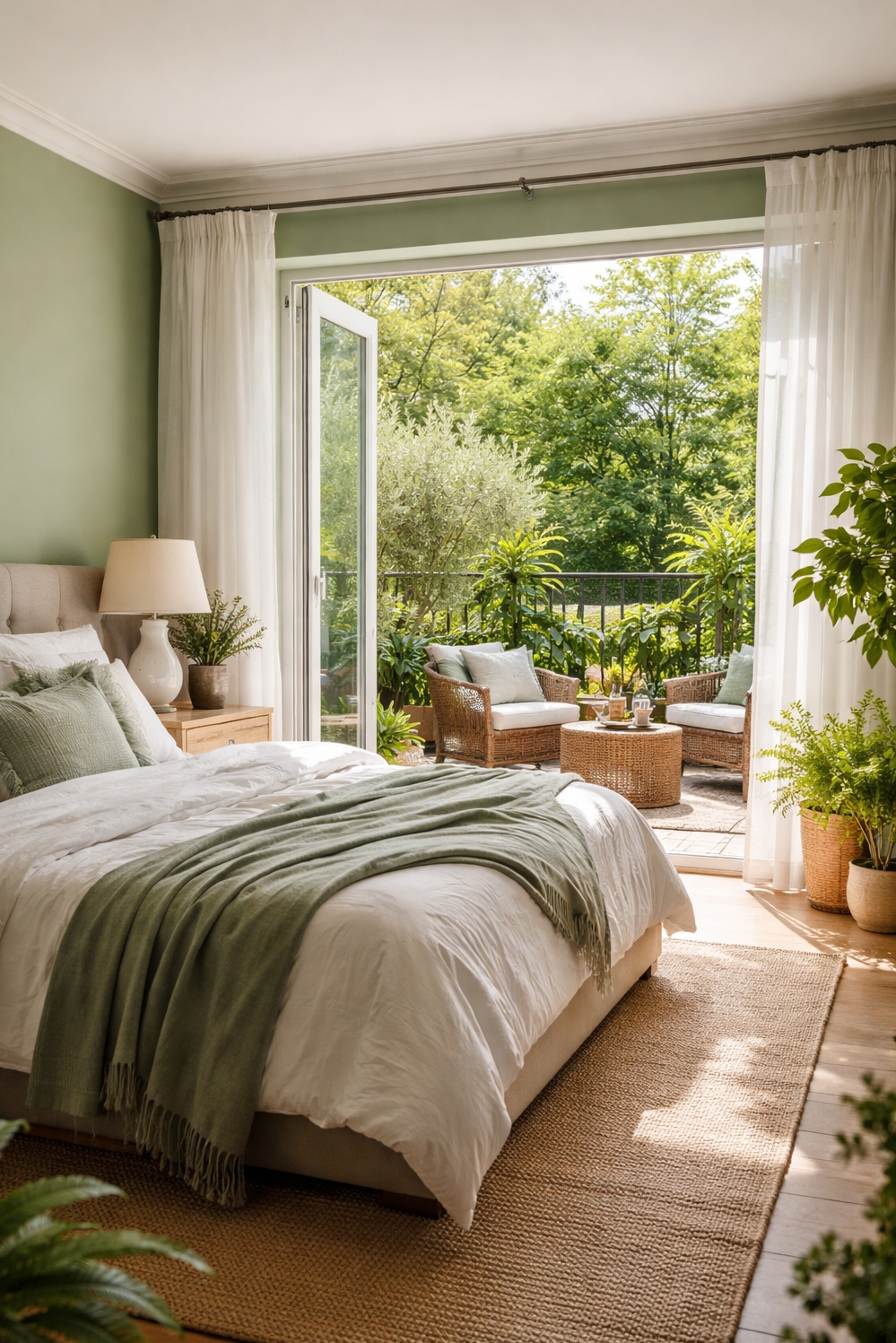 green layout for bedroom - Soft Green Walls: Bedroom Balcony View - These walls wear a soft, muted green, almost...