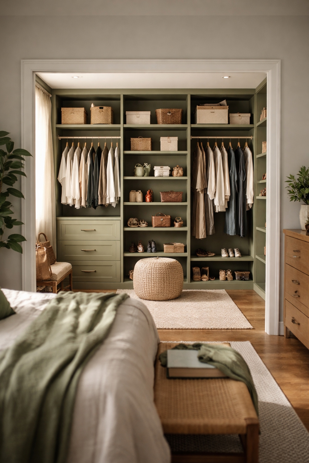 green layout for bedroom - Green Closet Shelves: Order and Calm - These shelves inside the walk-in closet, featuring rods...