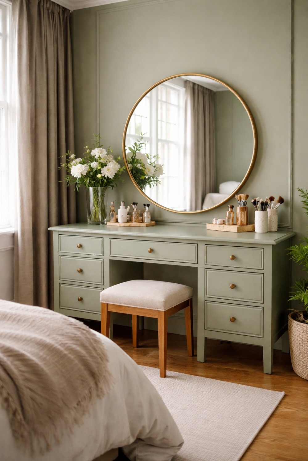 green layout for bedroom - Green Bedroom: Smooth Dressing Table Storage - These storage drawers on the dressing table have...