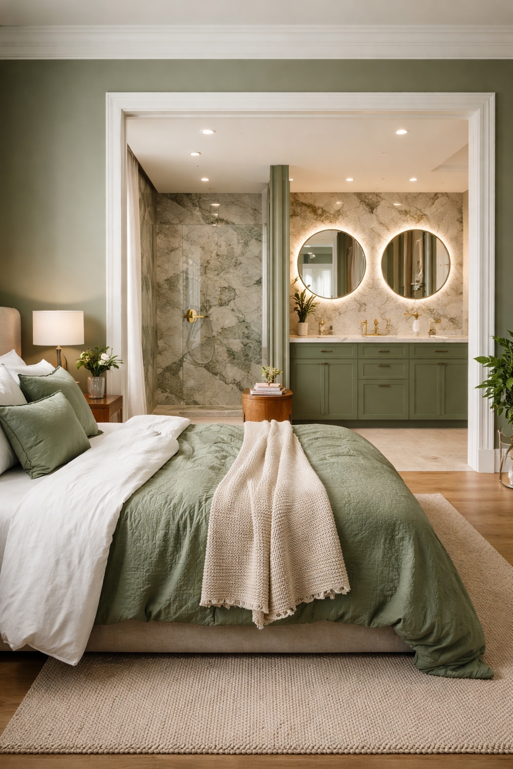green layout for bedroom - Soft Green Walls: Calm Bedroom Design - These walls wear a soft, muted green, creating...