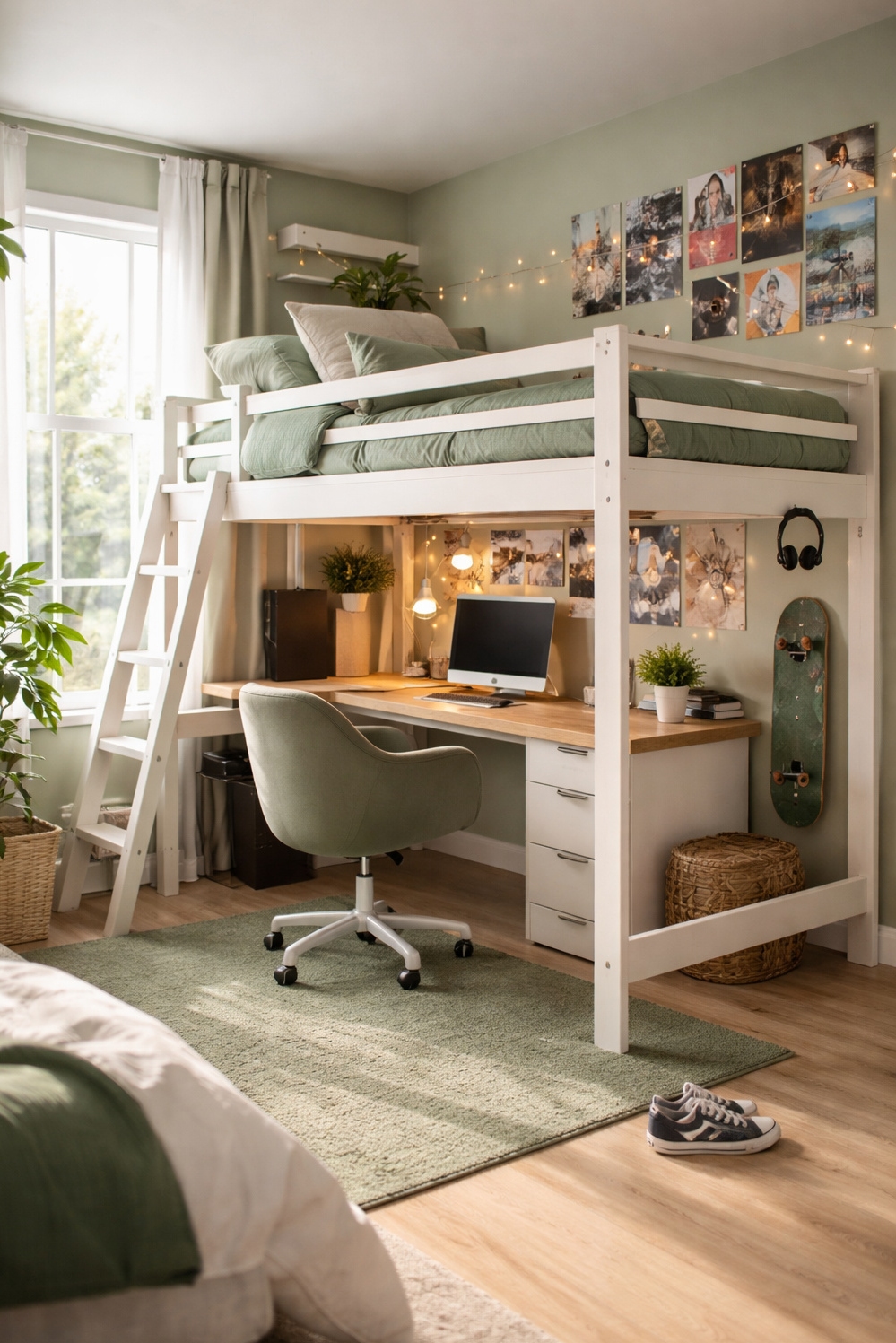 green layout for bedroom - Loft Bed Anchors Smart Teen Division - The loft bed anchors this teen bedroom, creating...