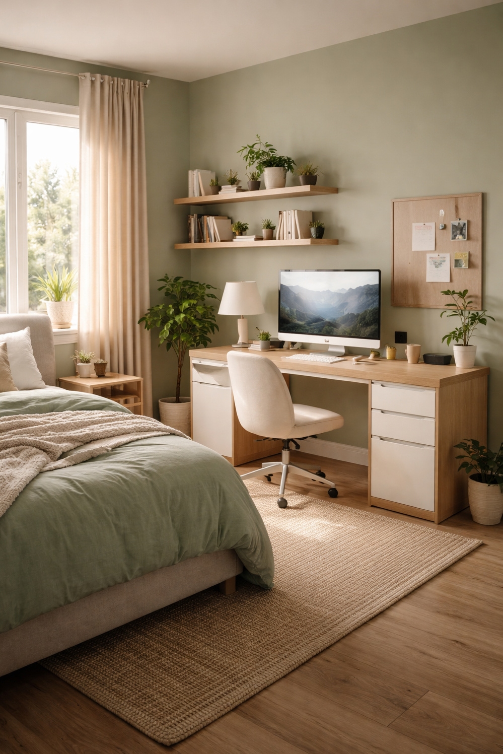 green layout for bedroom - Soft Green Walls, Calm Work Space - These walls wear a soft, muted green, almost...