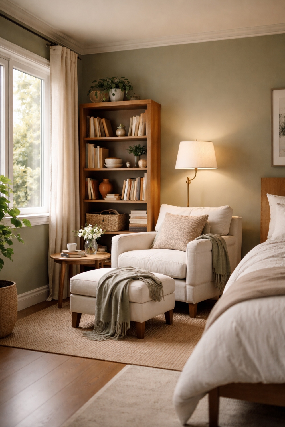 green layout for bedroom - Muted Green Walls: Soothing Bedroom Backdrop - These walls wear a muted green, creating a...