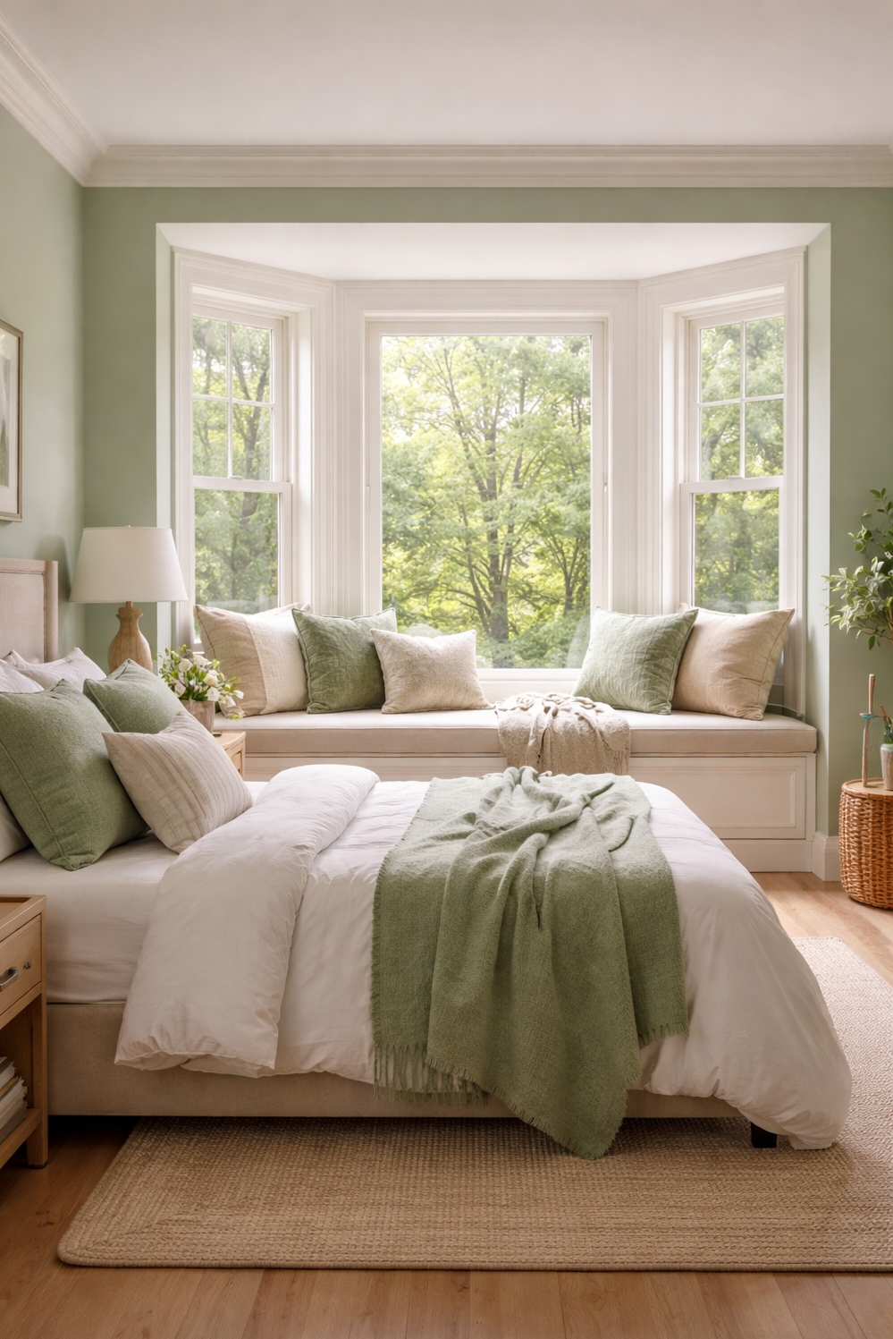 green layout for bedroom - Green Cushions Invite Window Seat Rest - These cushions invite you to sink into the...