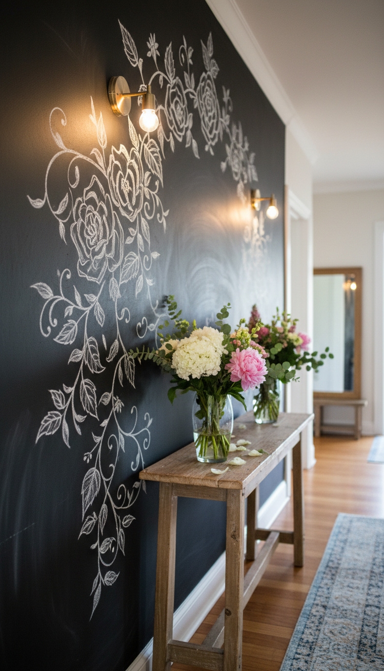chalkboard wall ideas - Hallway Chalkboard: Sprawling Floral Design - These decorative chalkboard wall ideas in the hallway...