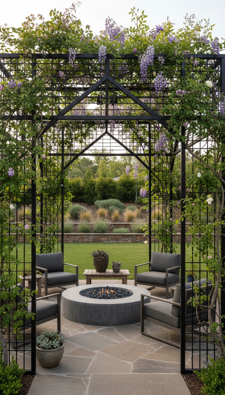 pergola ideas for backyard - Metal Pergola's Sharp Geometric Design - The metal pergola, featuring a sharp geometric design,...