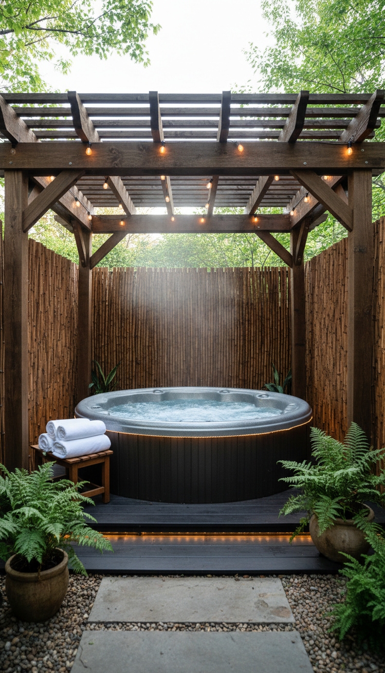 pergola ideas for backyard - Pergola Defines Backyard Oasis With Soft Light - The pergola, built over a hot tub, defines...