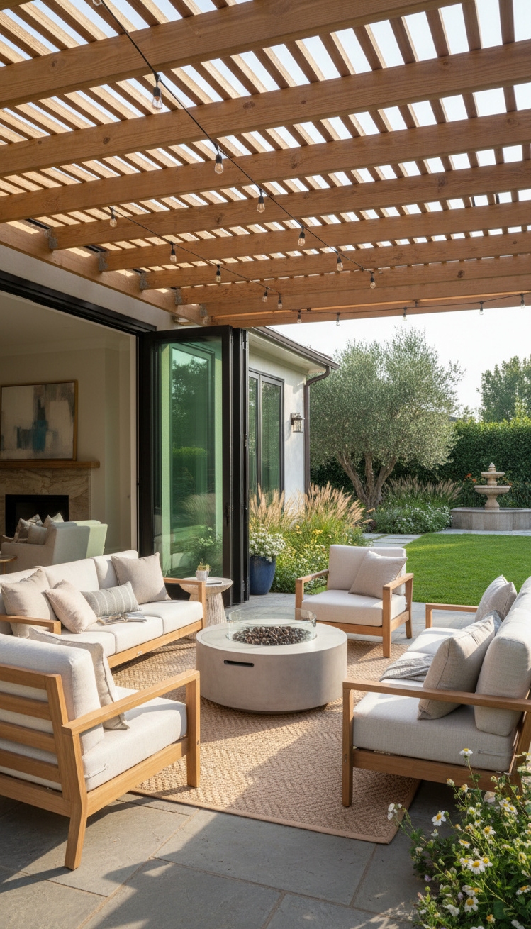 pergola ideas for backyard - Sunlight Filters Through Backyard Pergola Design - The pergola, extending from the house, anchors this...
