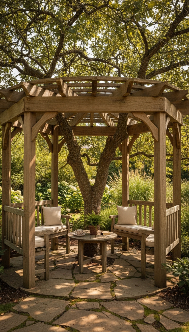 pergola ideas for backyard - Wooden Pergola Built Around Existing Tree - The wooden pergola, built around an existing tree,...