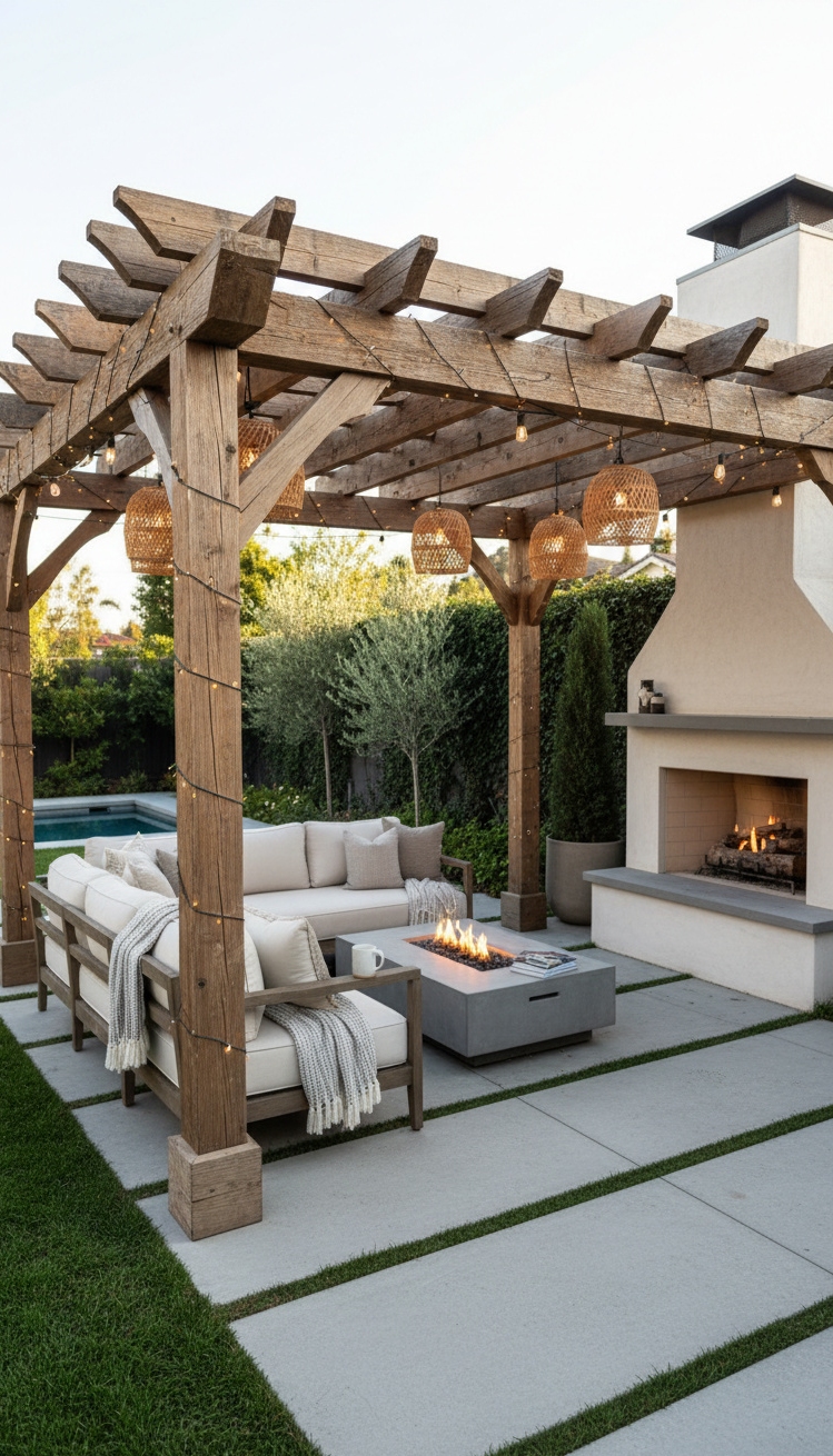 pergola ideas for backyard - Weathered Wood Pergola Anchors Backyard Design - The pergola, constructed of weathered reclaimed wood, anchors...