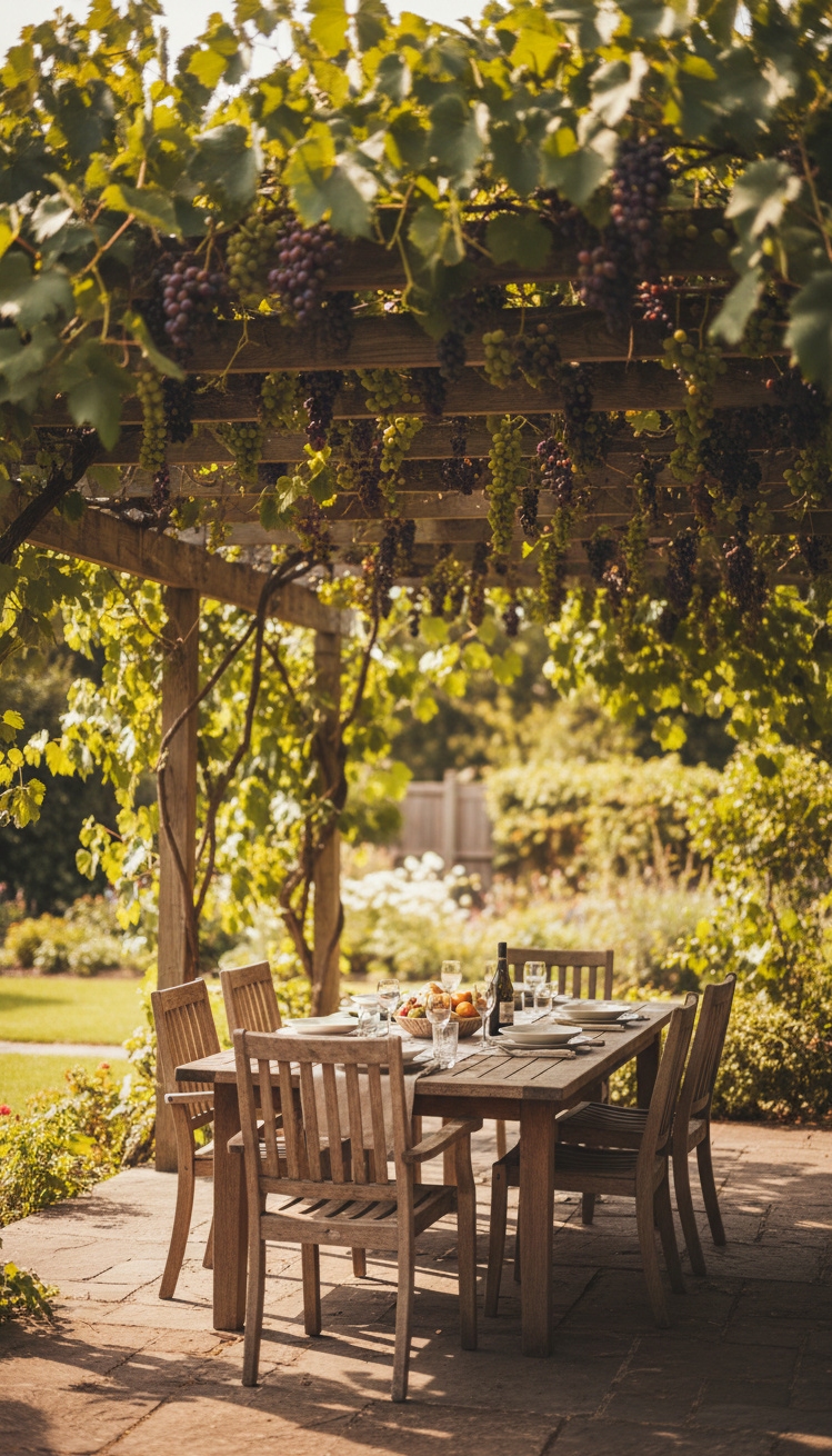 pergola ideas for backyard - Pergola: Grape Vines Form Living Roof - The pergola, covered in twisting grape vines, forms...
