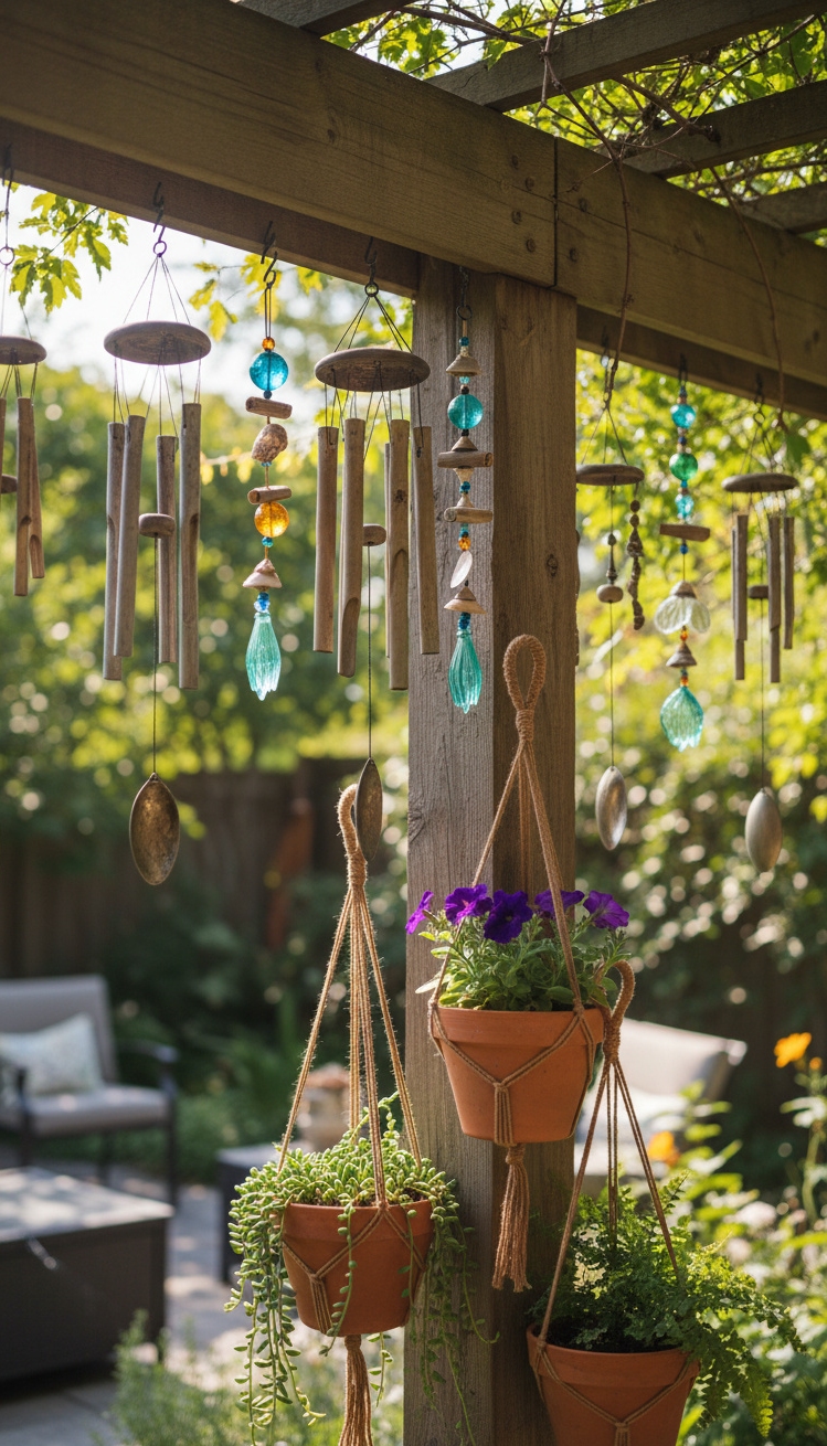 pergola ideas for backyard - Pergola Post: Hanging Planters, Colorful Wind - The pergola post, decorated with hanging planters and...