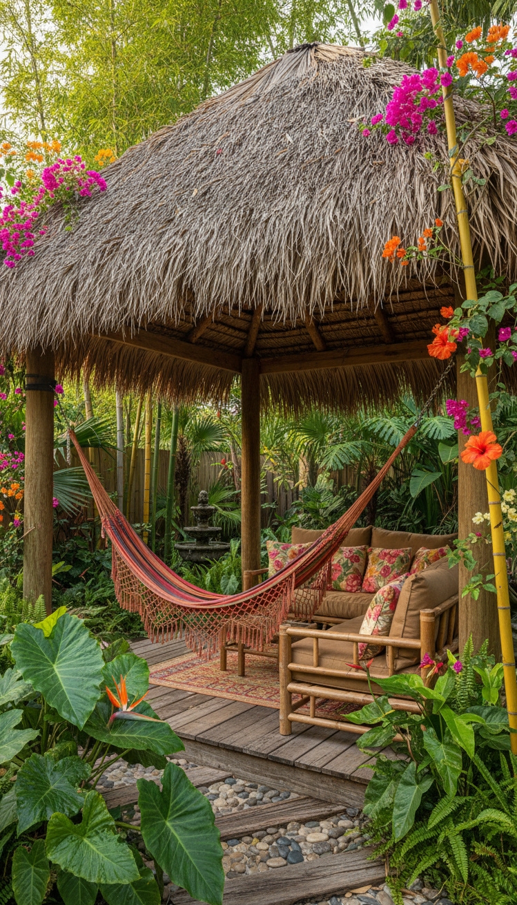 pergola ideas for backyard - Thatched Roof Pergola: Shade and Texture - The thatched roof on this pergola provides shade...