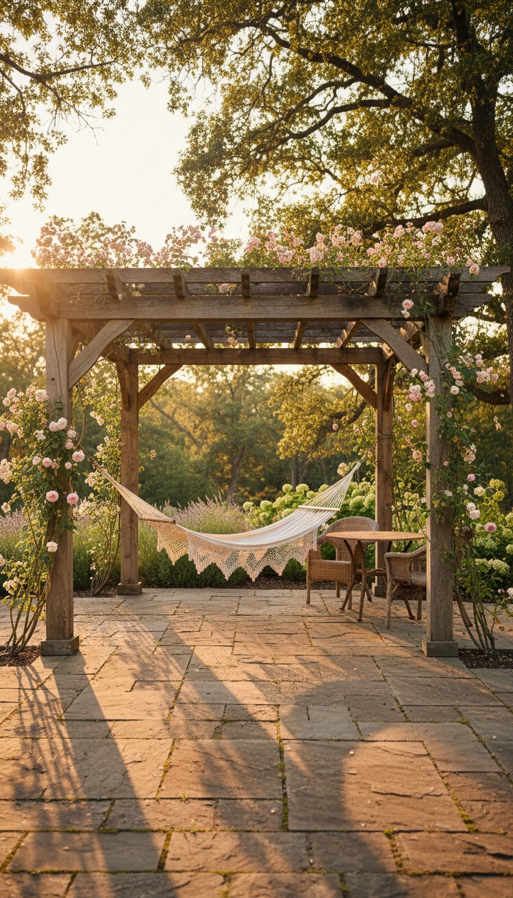 pergola ideas for backyard - Weathered Wood Pergola Anchors Rustic Scene - The weathered wooden pergola anchors this rustic backyard...