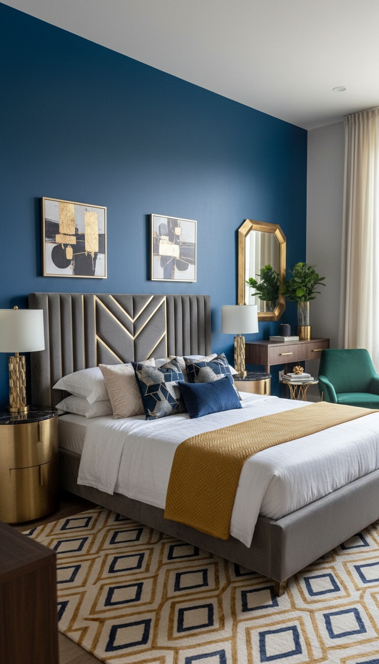 master bedroom furniture design ideas - Deep Blue Accent Wall Anchors Bedroom - The deep blue accent wall anchors this master...