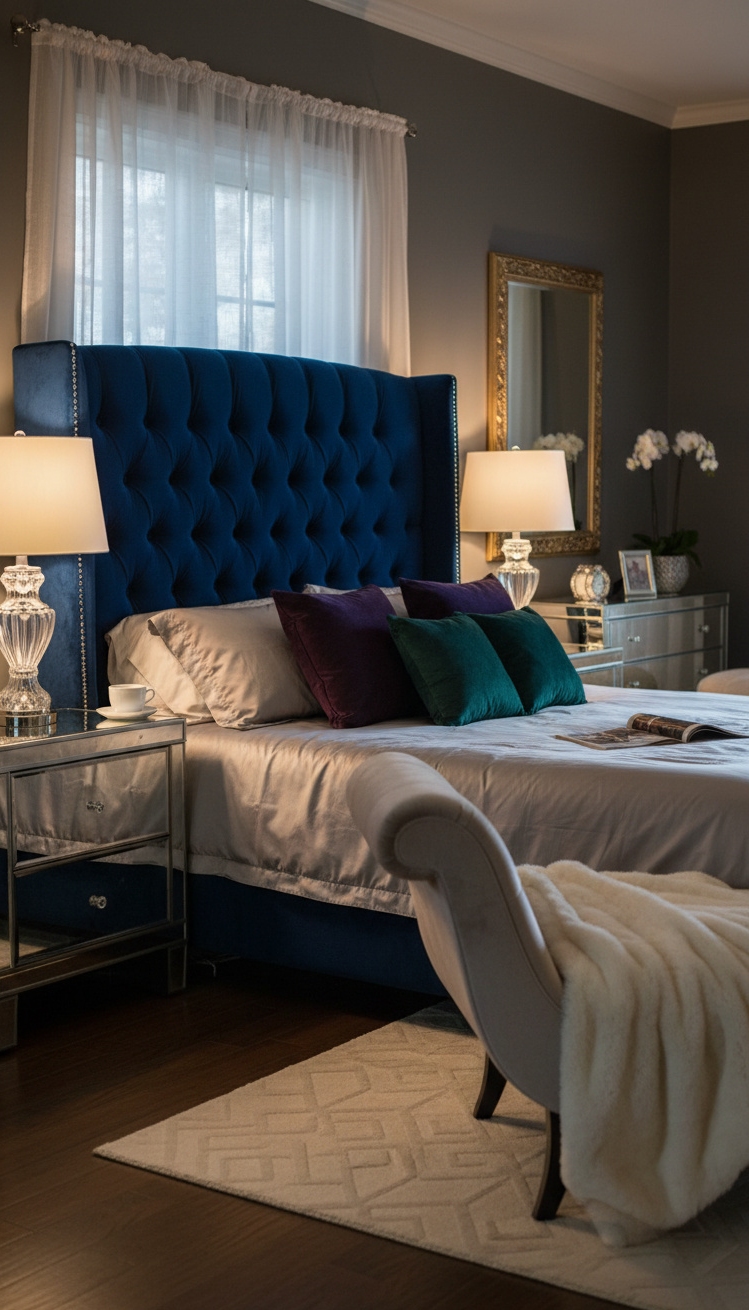 master bedroom furniture design ideas - Tufted Headboard Commands Bedroom Attention - The tufted velvet headboard commands attention with its...