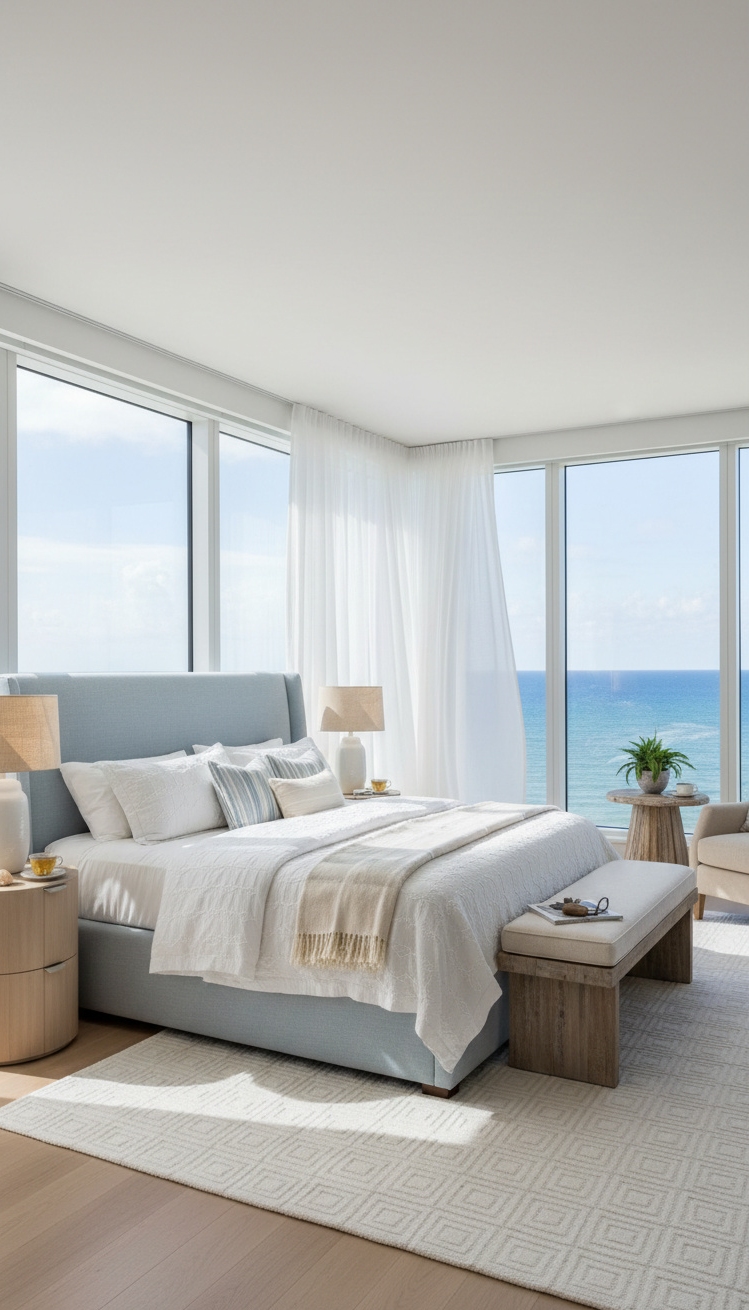 master bedroom furniture design ideas - Large Windows Pull in Ocean View - These large windows pull you right into the...