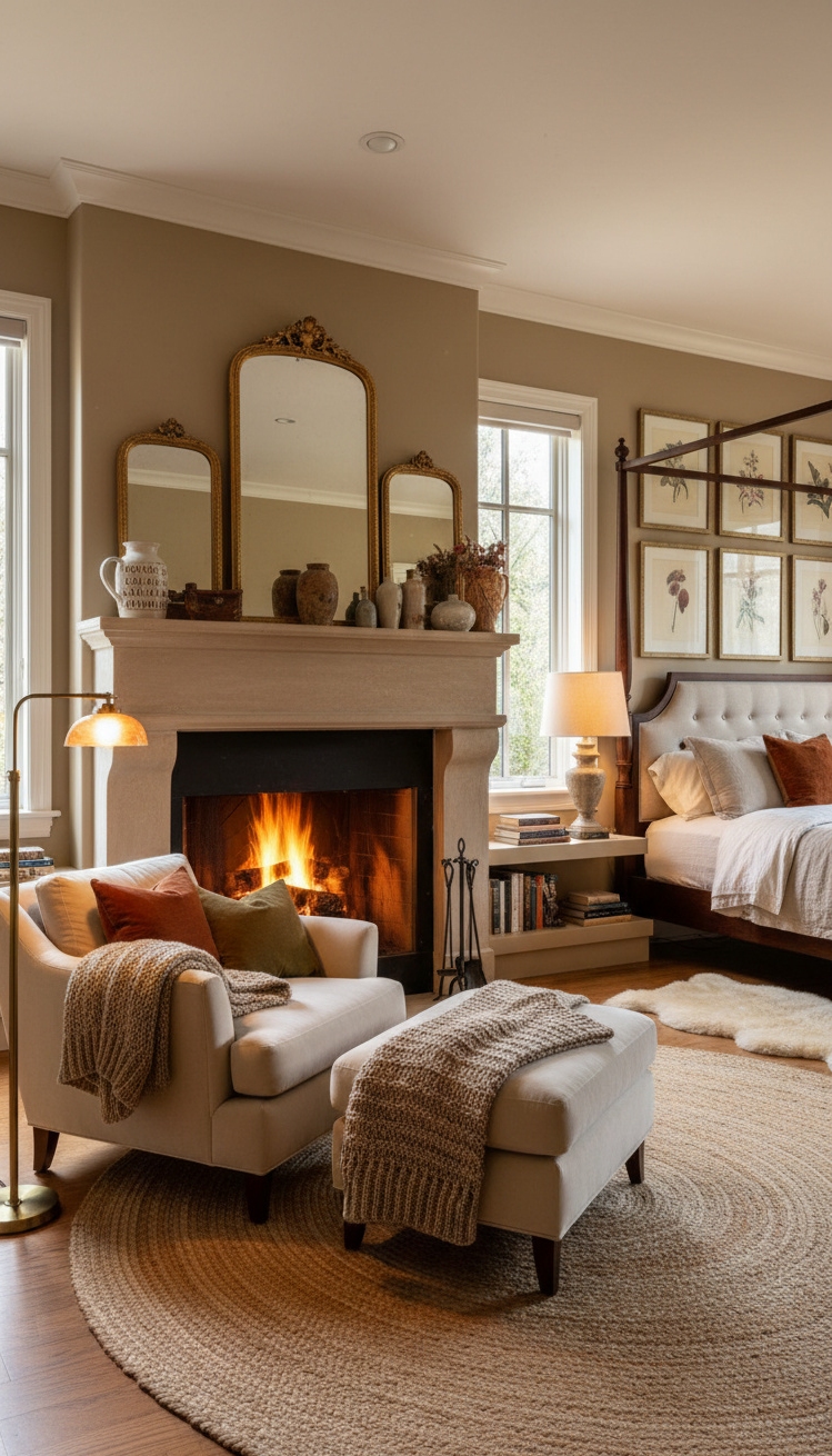 master bedroom furniture design ideas - Fireplace Anchors Master Bedroom Design - The master bedroom's fireplace draws you right in....