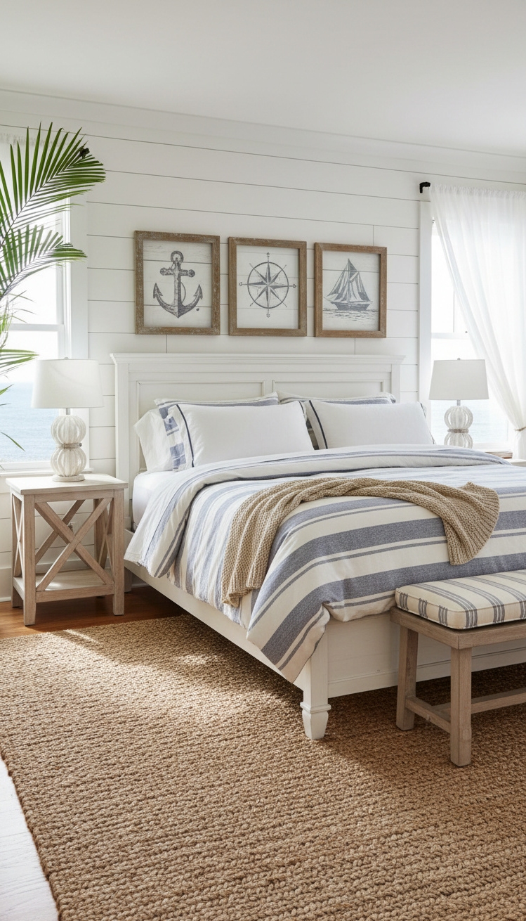 master bedroom furniture design ideas - Bright White Shiplap Walls Create Calm - These white shiplap walls create a bright, clean...