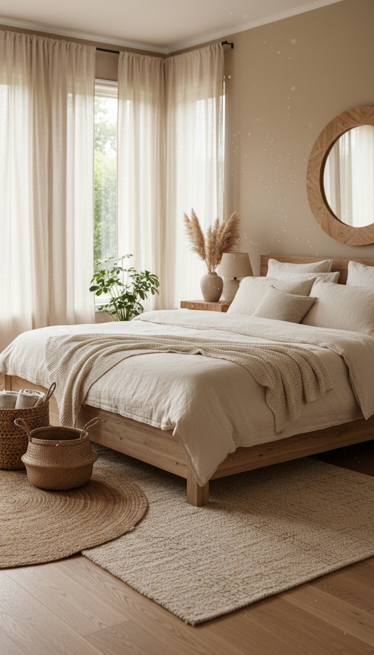 master bedroom furniture design ideas - Linen Drapes Hang Softly in Bedroom - These linen drapes hang softly, almost blurring the...