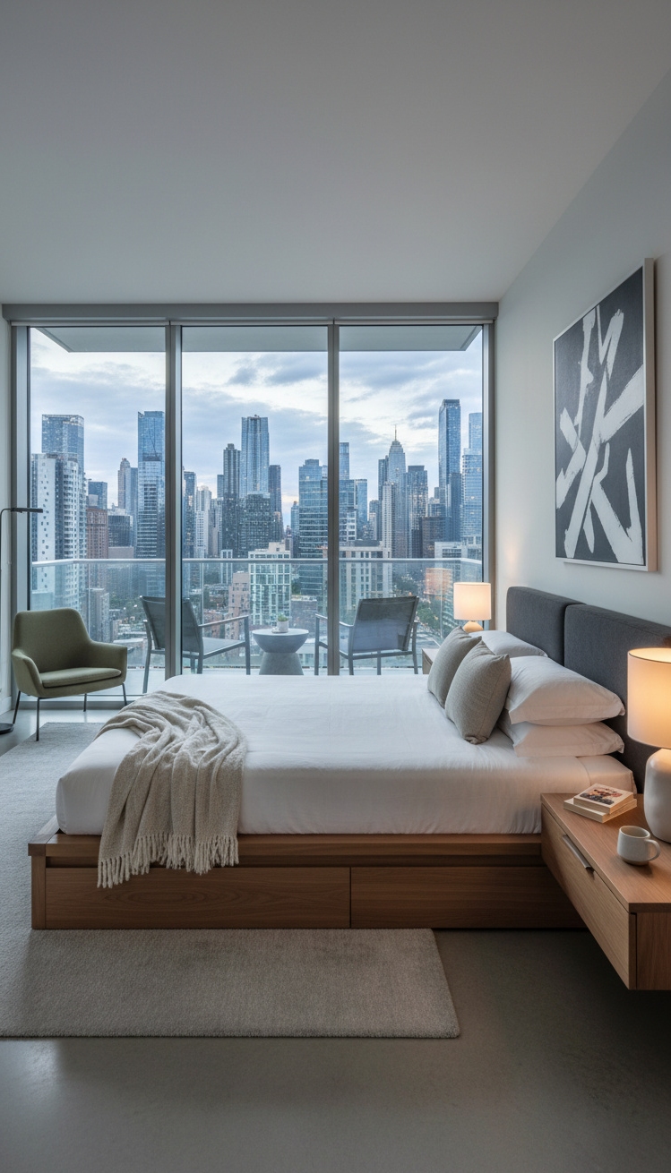 master bedroom furniture design ideas - Floor-to-Ceiling Windows Steal Bedroom Show - The floor-to-ceiling windows steal the show. They pull...