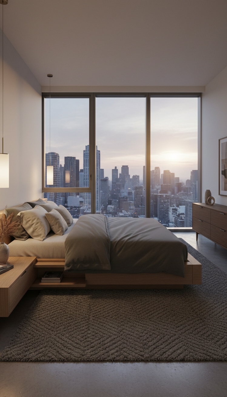 master bedroom furniture design ideas - Floor With Ceiling - These floor-to-ceiling windows steal the show. They pull...