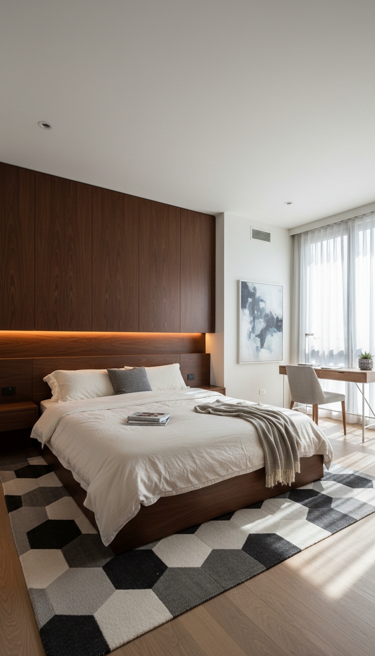 master bedroom furniture design ideas - Modern Master Bedroom: Built-In Headboard - The built-in headboard anchors this modern master bedroom....