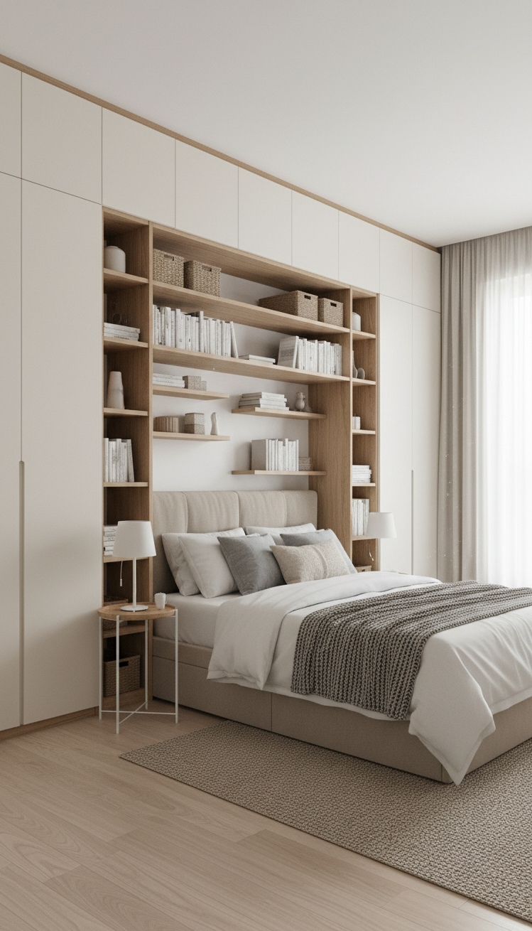 master bedroom furniture design ideas - Floating Shelves: Small Bedroom Style - These floating shelves display books and small plants,...