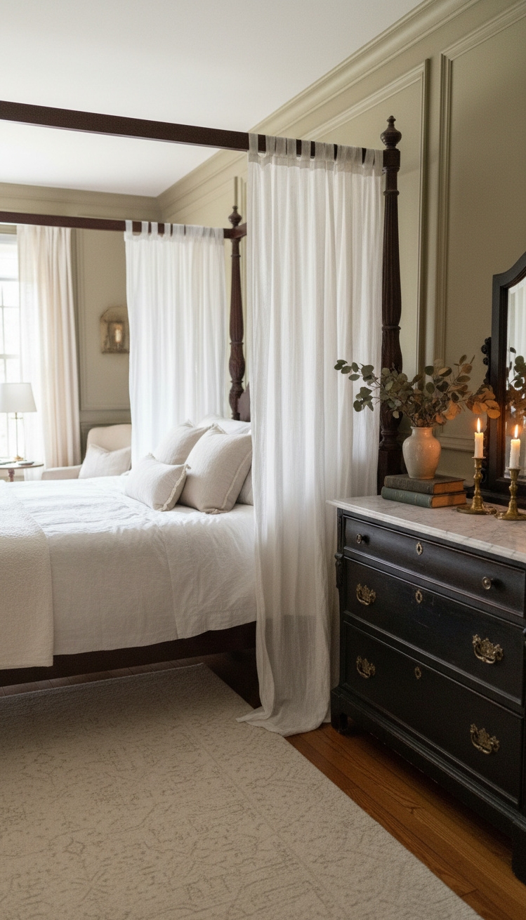 master bedroom furniture design ideas - Sheer White Curtains Soften Bedroom Light - These sheer white curtains soften the light around...