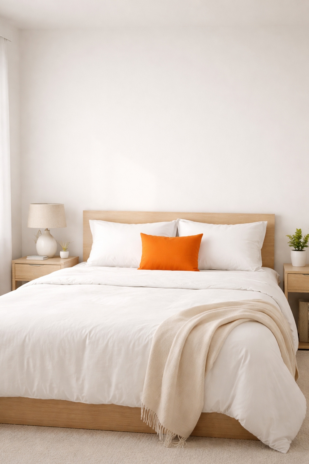 orange layout for bedroom - Orange Pillow Commands Minimalist Bedroom Attention - The orange throw pillow commands attention in this...