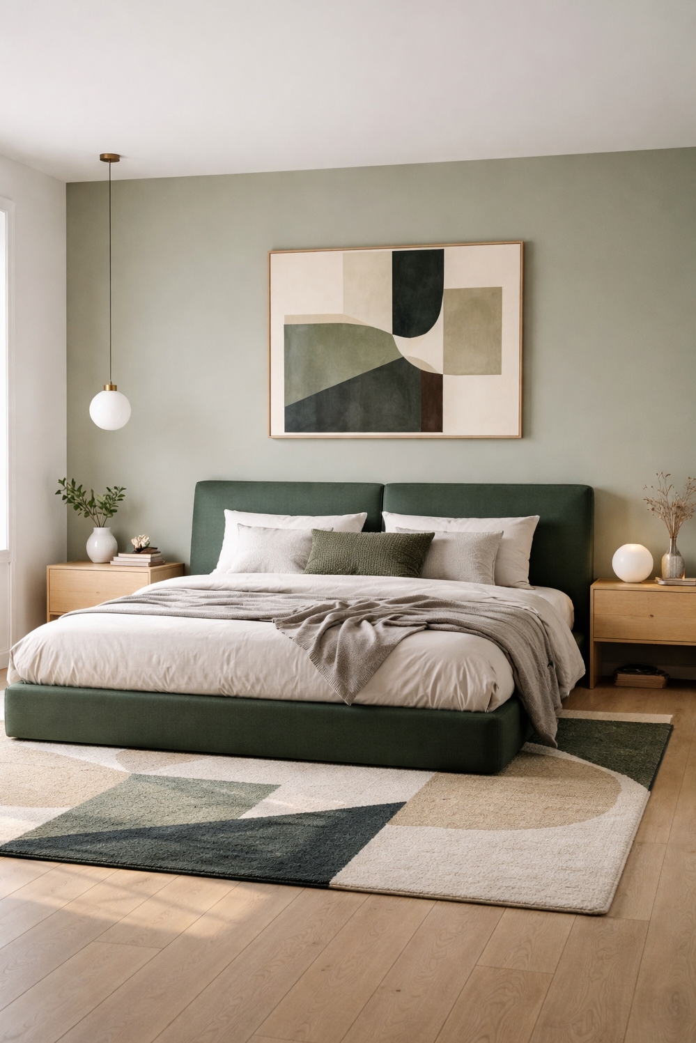 green layout for bedroom - Dark Green Headboard: Modern Bedroom Anchor - The dark green headboard anchors this modern bedroom...