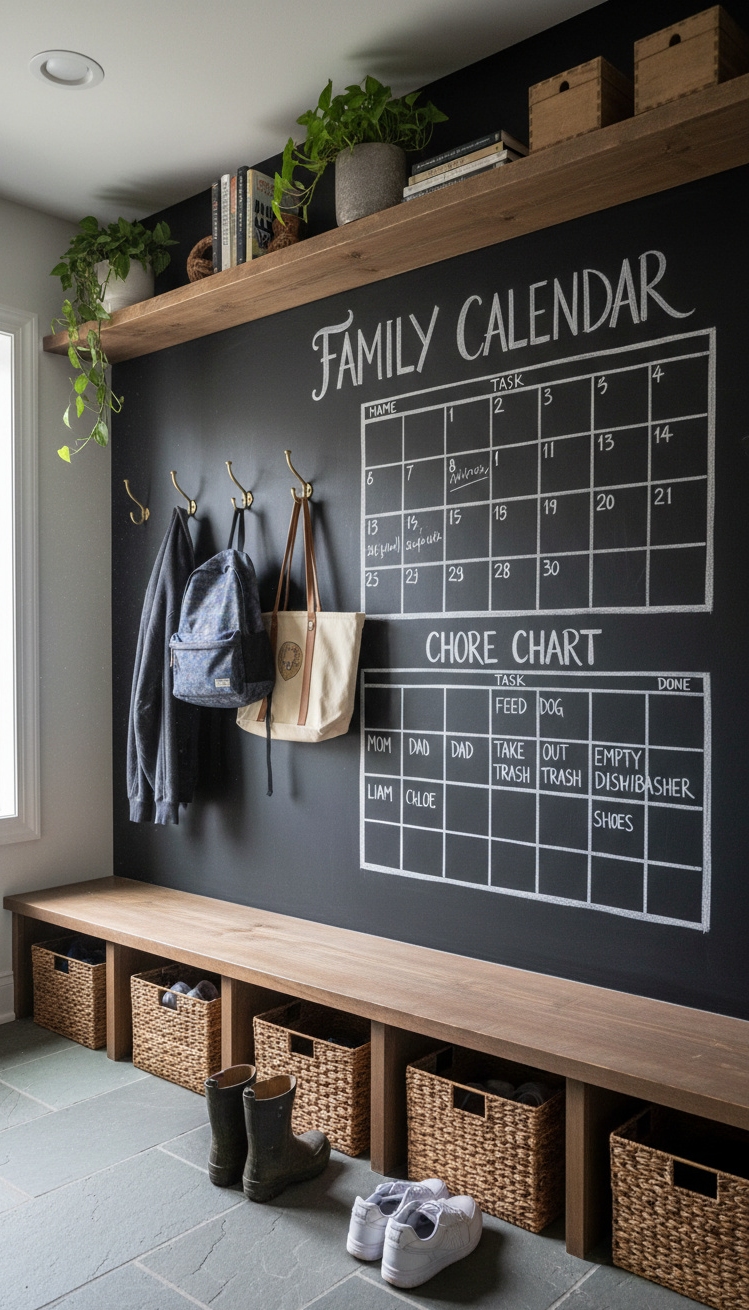 chalkboard wall ideas - Mudroom Chalkboard: Organizational Design Grabs - The organizational chalkboard wall in this mudroom really...