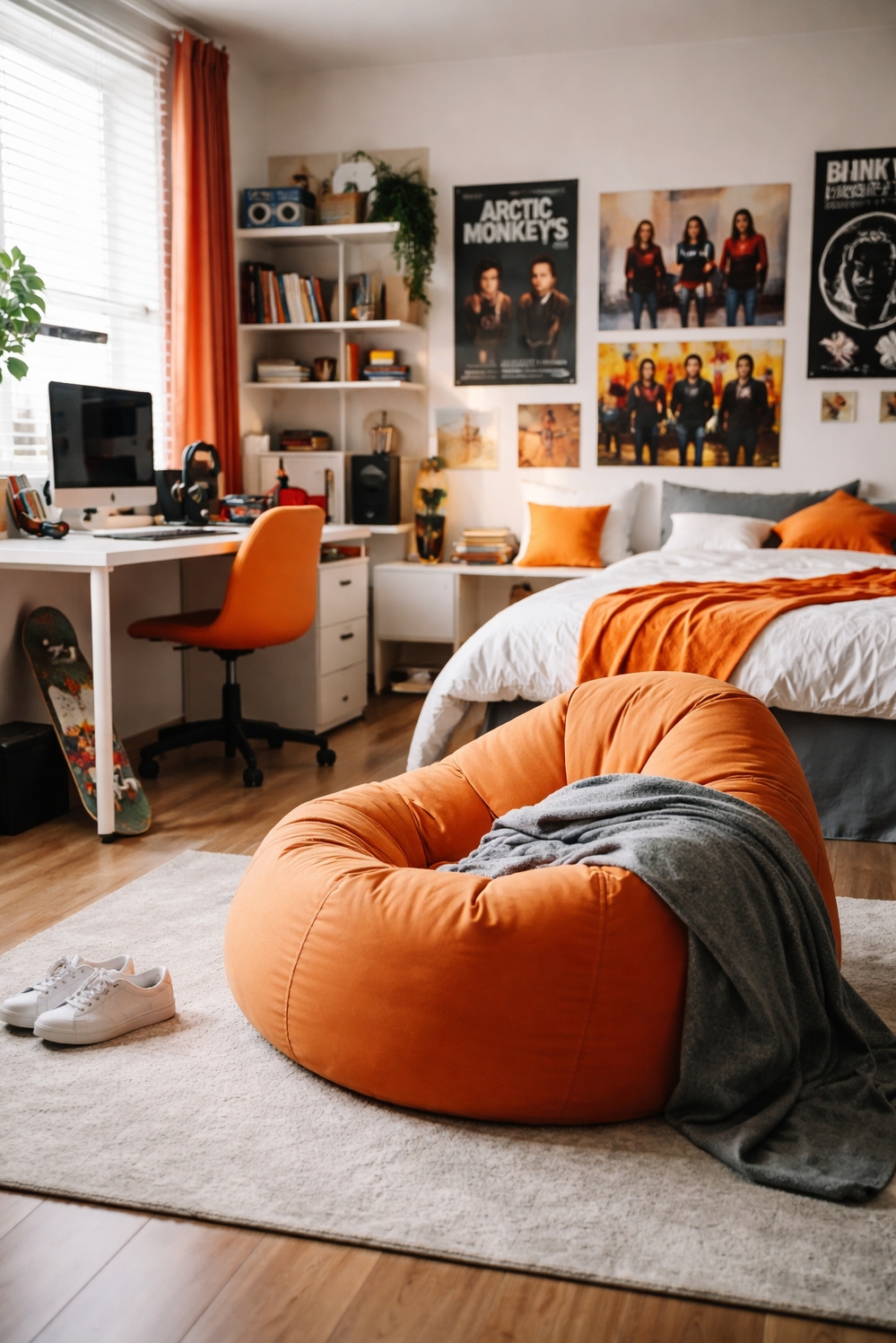 orange layout for bedroom - Orange Beanbag Anchors Teen Bedroom - The orange beanbag anchors this teenager's bedroom layout,...
