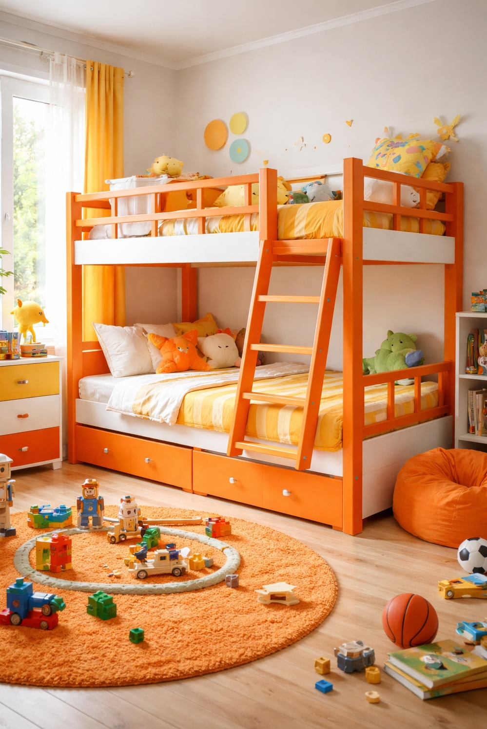 orange layout for bedroom - Bright Orange Accents for Kids' Bunk - The bunk bed anchors this kids' bedroom with...