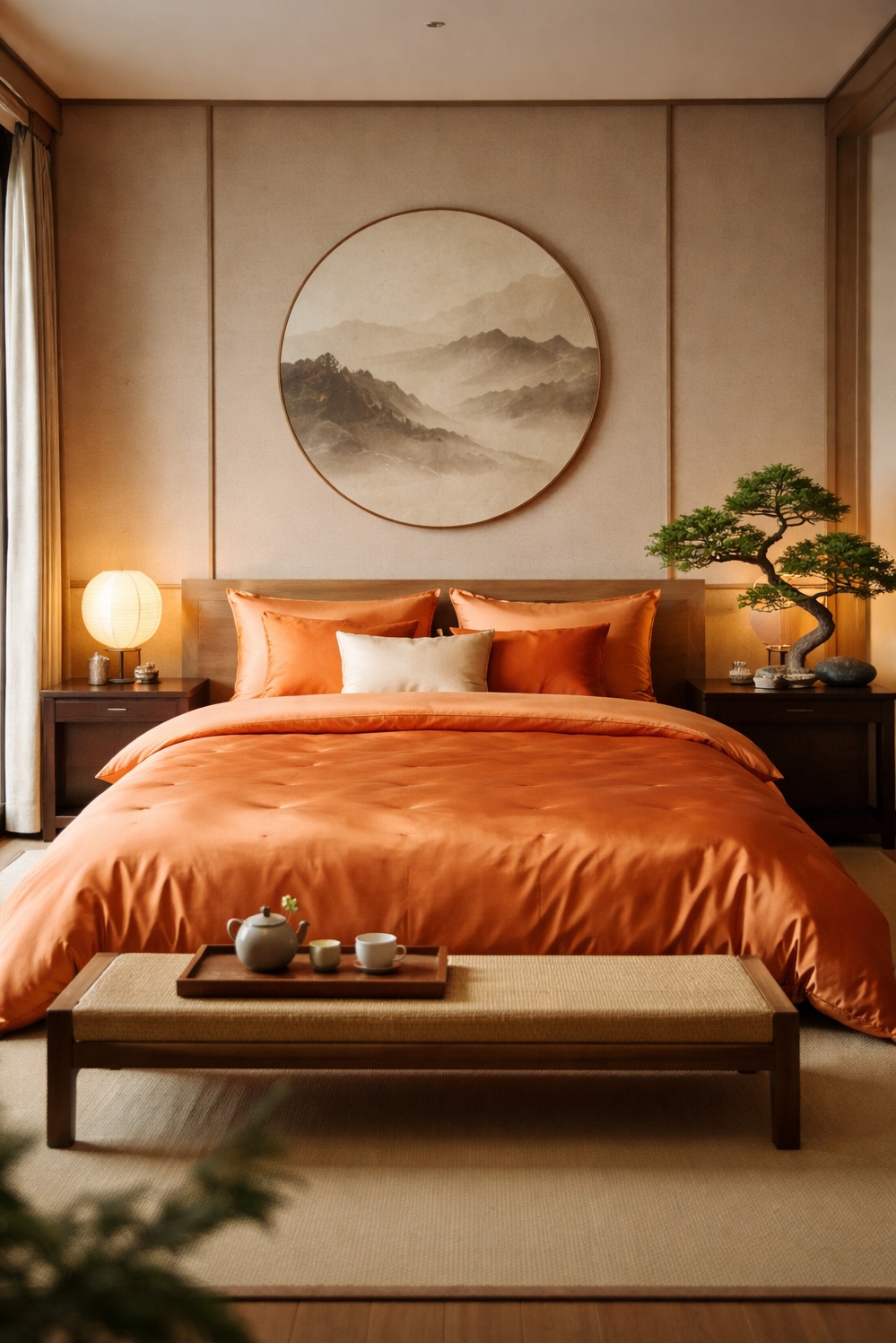 orange layout for bedroom - Orange Silk Covers Practically Glow - These silk covers practically glow. The orange silk...