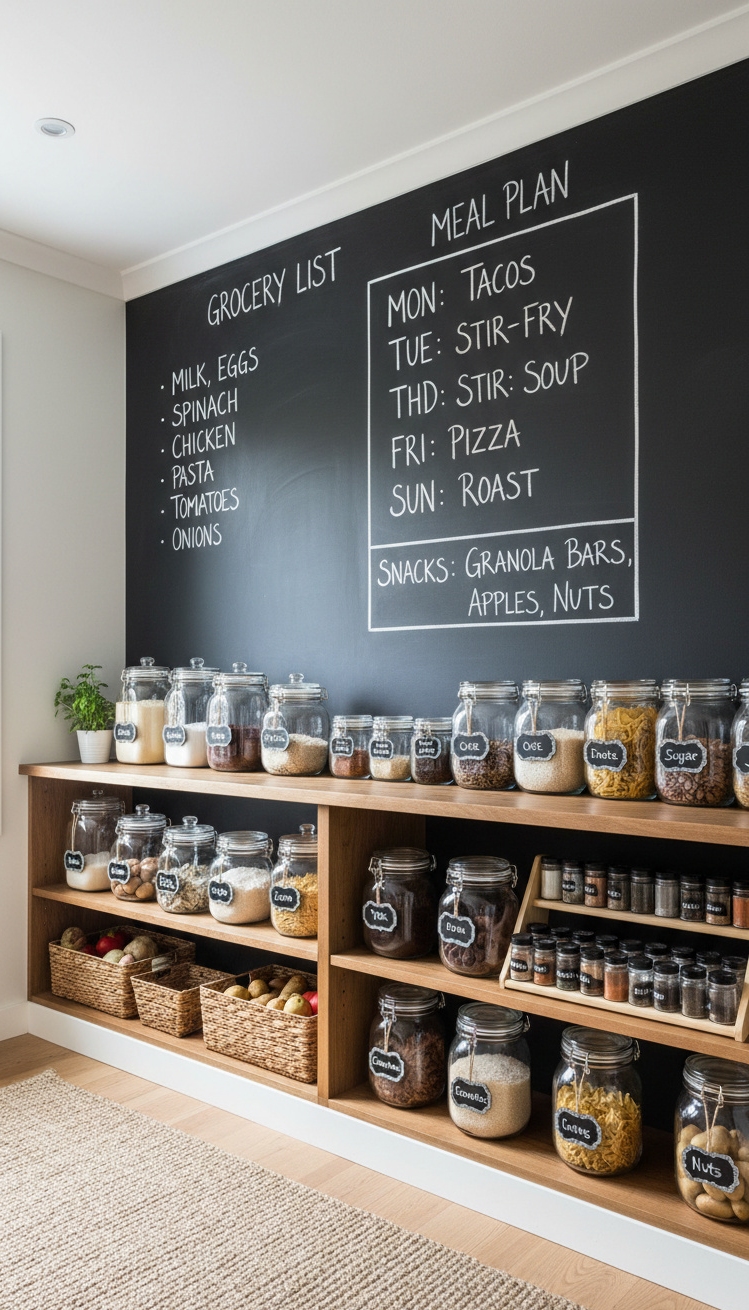chalkboard wall ideas - Dark Chalkboard Surface Anchors Pantry - The chalkboard wall anchors this pantry. It's a...