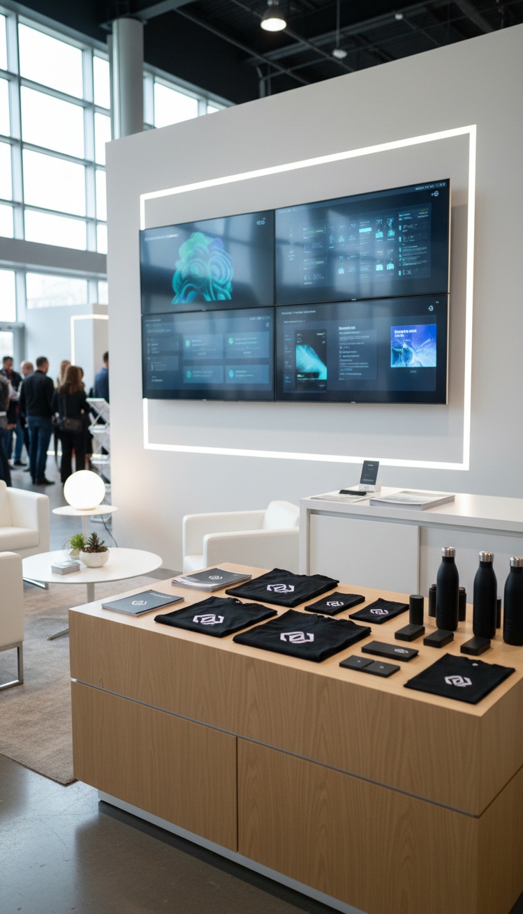 vendor booth ideas - Sleek Monitors Grab Booth Attention - These sleek monitors grab your attention first. They...