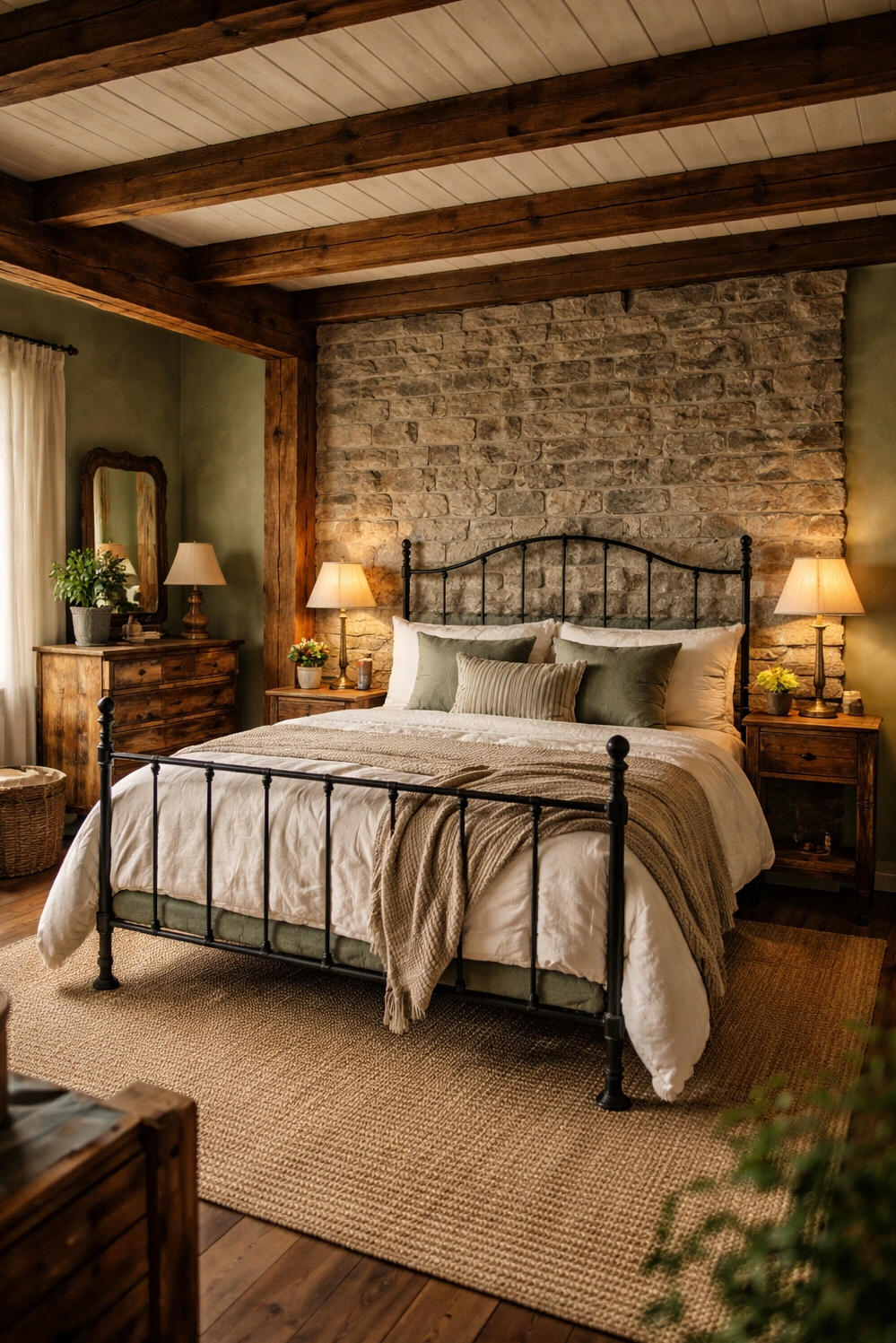 green layout for bedroom - Exposed Beams Draw the Eye Upward - These exposed wooden beams draw your eye upward,...