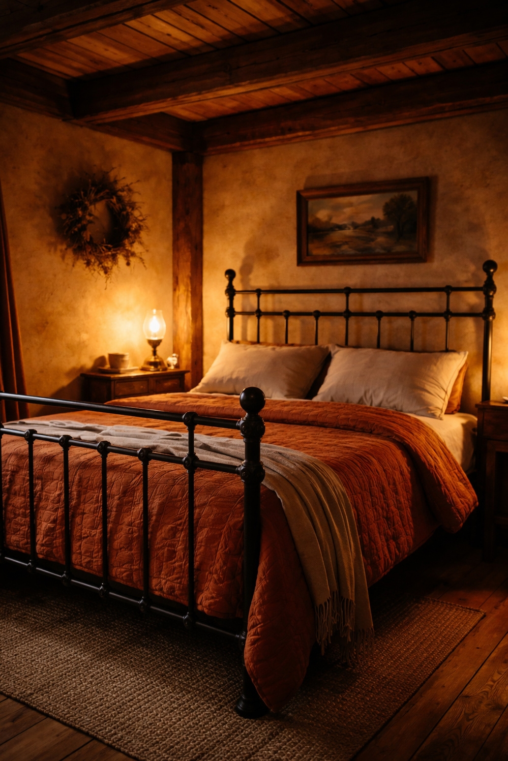 orange layout for bedroom - Exposed Beams Give Rustic Bedroom Character - The exposed wooden beams give this rustic bedroom...