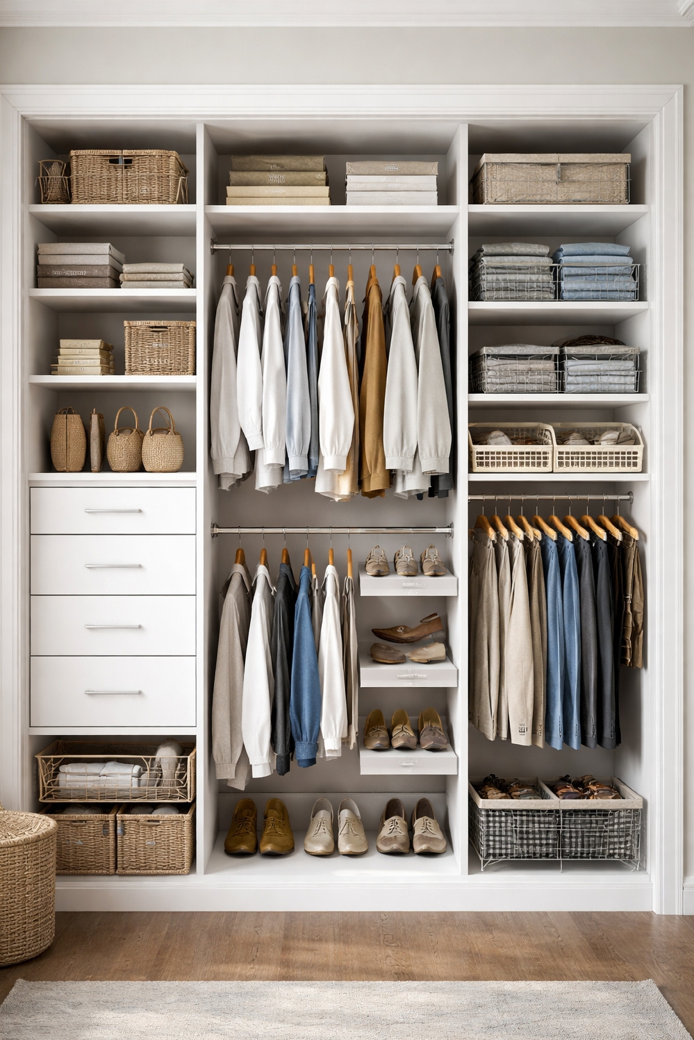 closet organization solutions - Light Birch Shelves: Closet Design - These shelves, rendered in a light birch tone,...