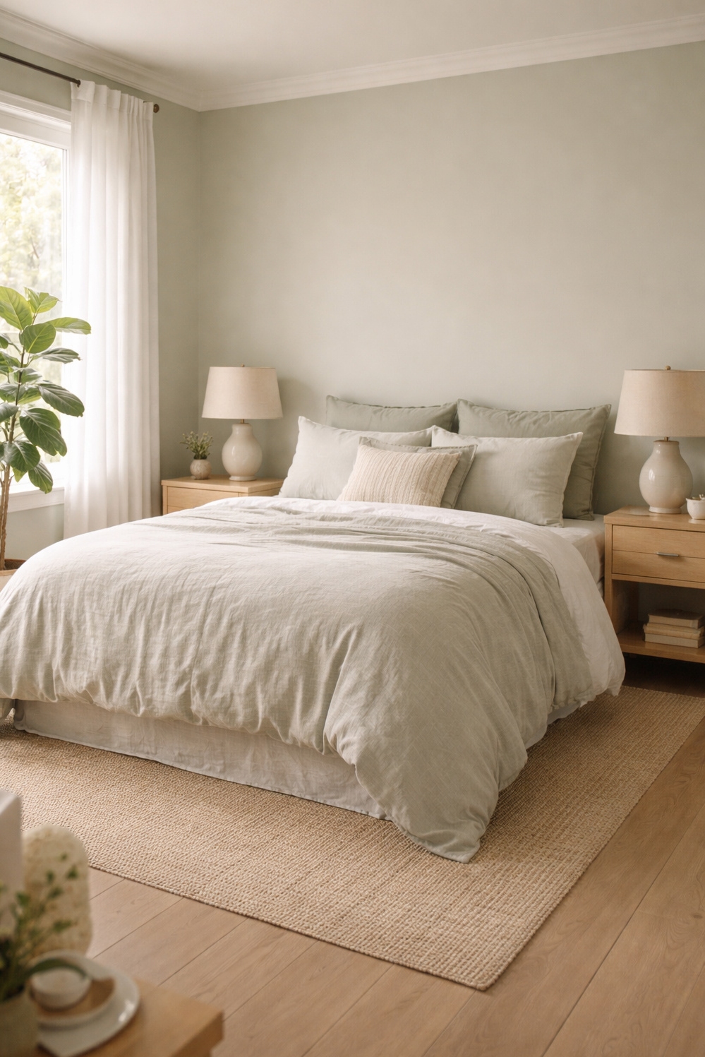 green layout for bedroom - Green Bedroom: Soften Light With Linen - These linen drapes soften the light pouring into...