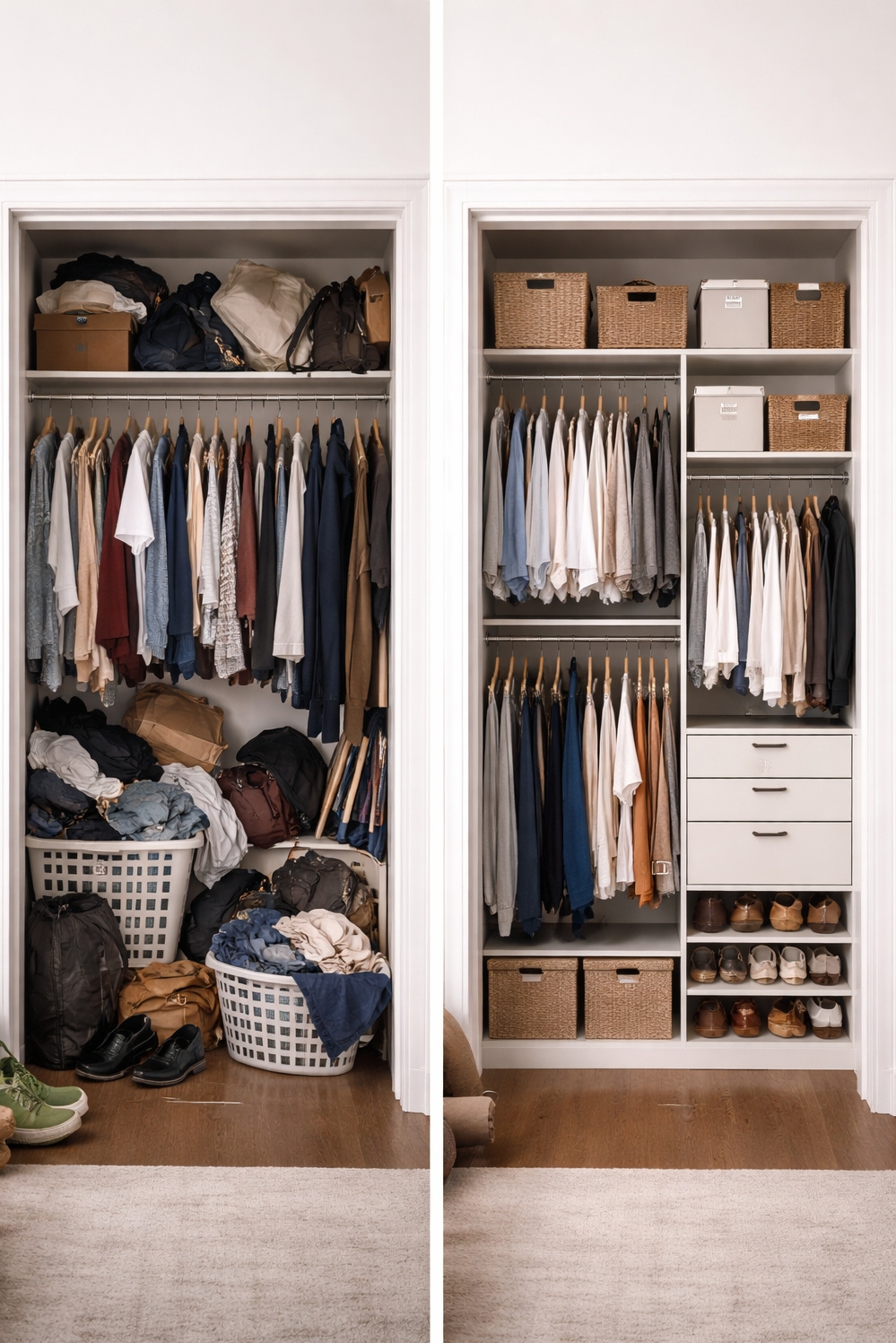 closet organization solutions - Wire Shelves Create Vertical Closet Rhythm - These wire shelves create a strong vertical rhythm...